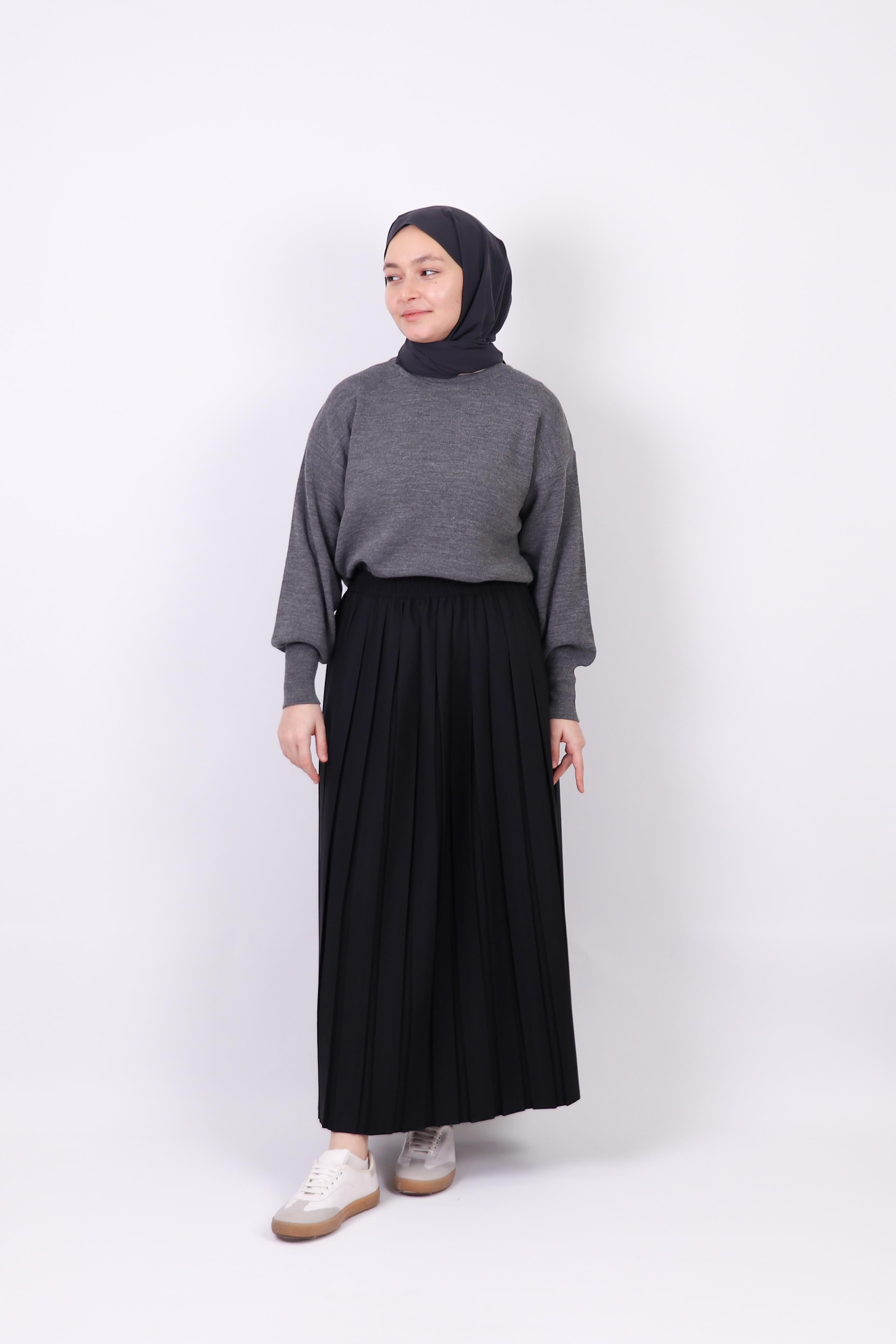 Ava Double Krep Pliseli Etek - Siyah