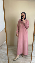 Noir V Desen Premium İplik Triko Elbise - Pembe