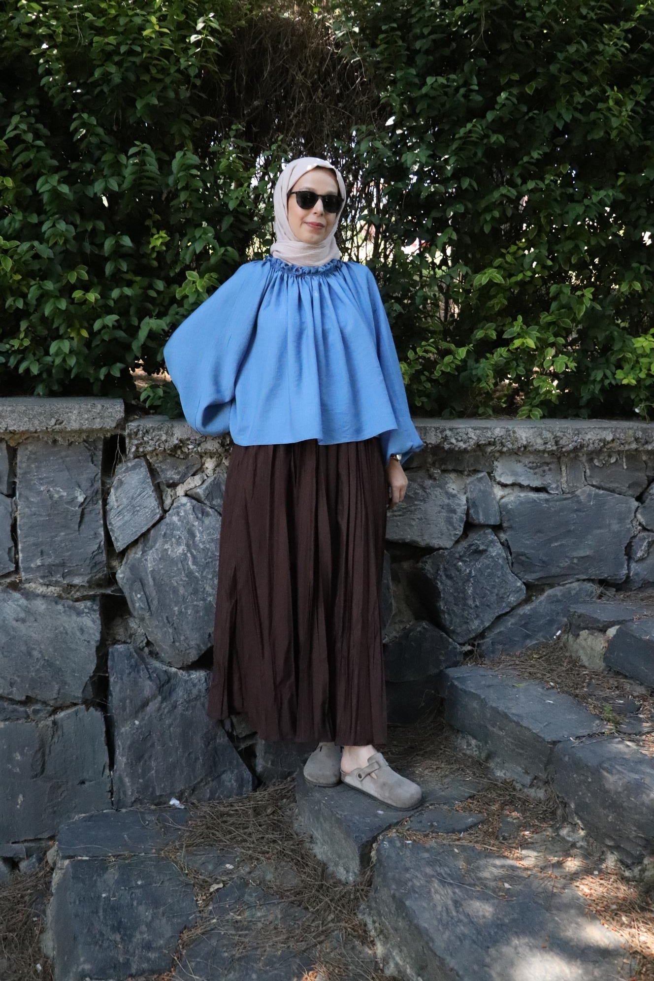 İndigo Krinkıl Yakası Büzgülü Volanlı Bluz