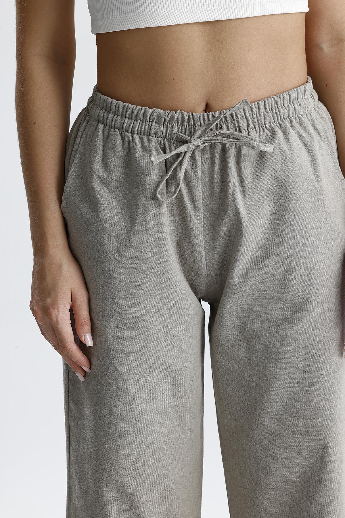 Bej Ketenli Dökümlü Pantolon - Bej