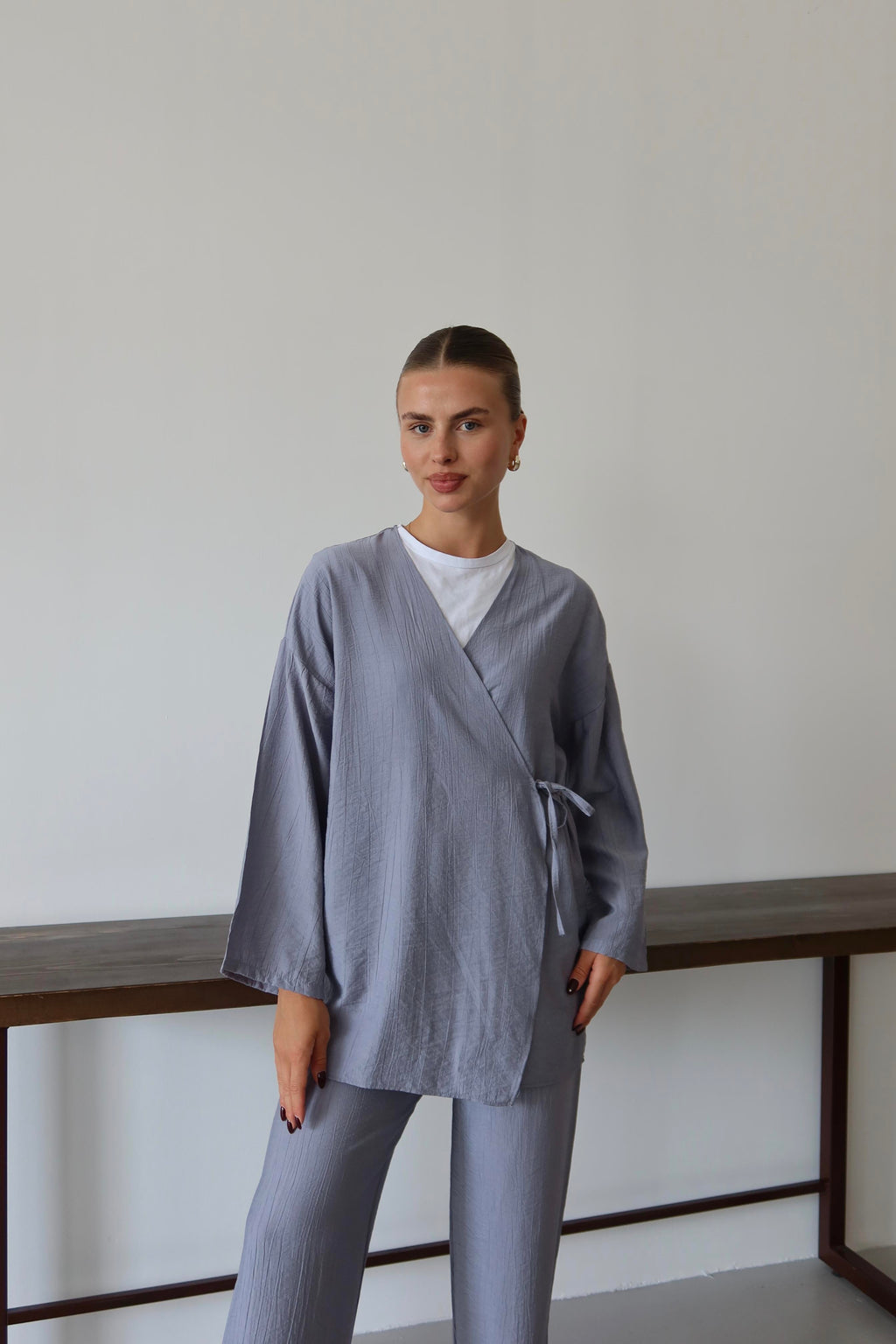 Gri Krinkıl Dokulu Kimono Takım