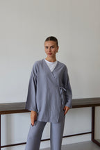 Gri Krinkıl Dokulu Kimono Takım