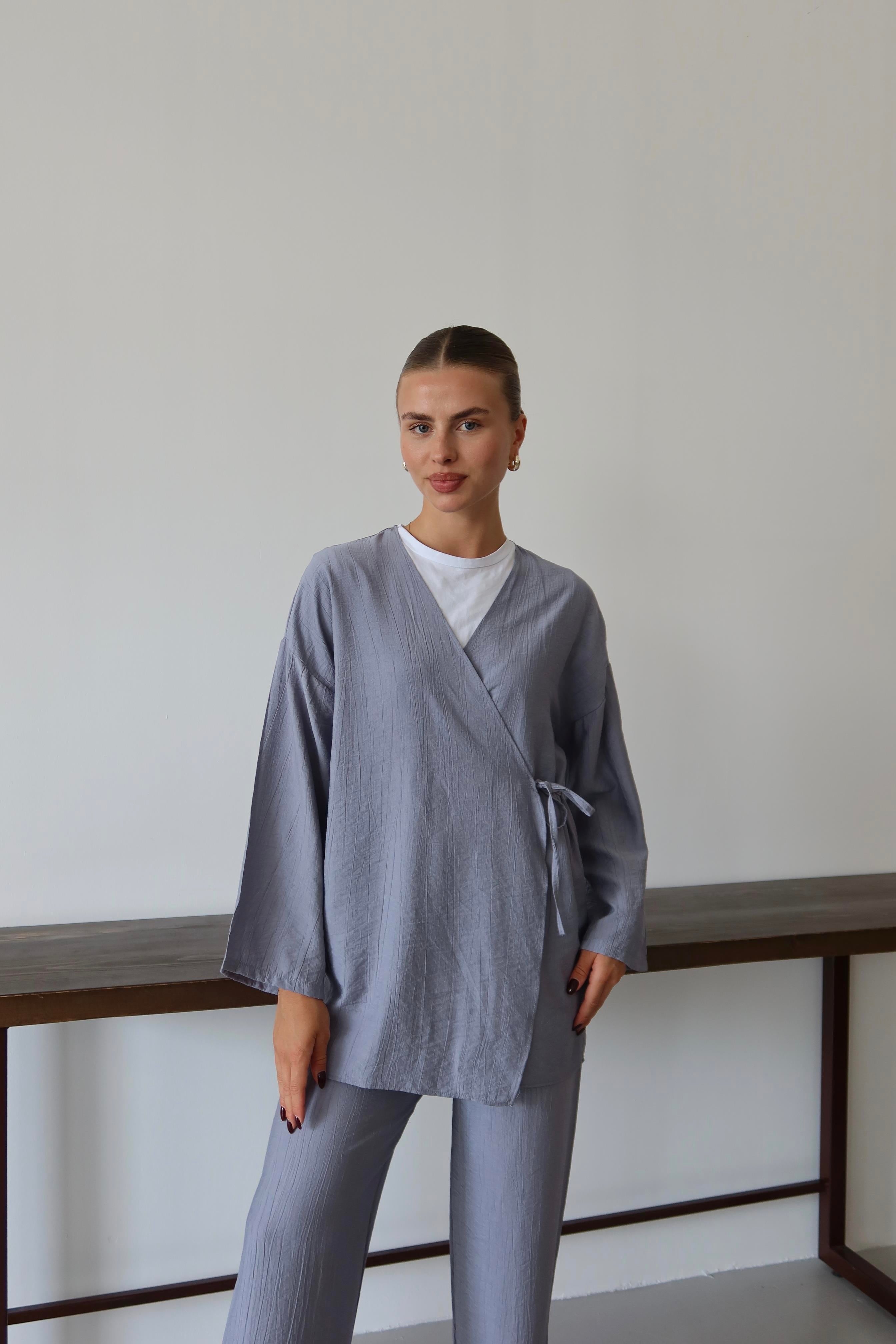 Gri Krinkıl Dokulu Kimono Takım
