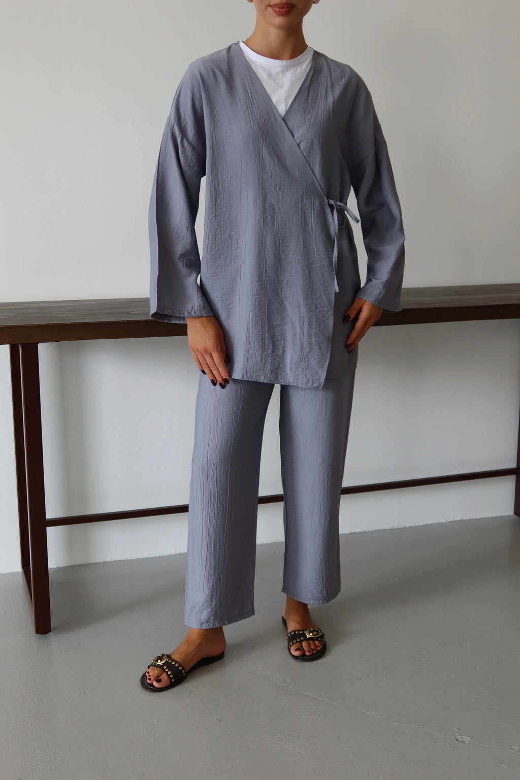 Gri Krinkıl Dokulu Kimono Takım