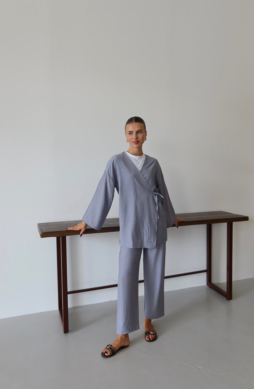 Gri Krinkıl Dokulu Kimono Takım