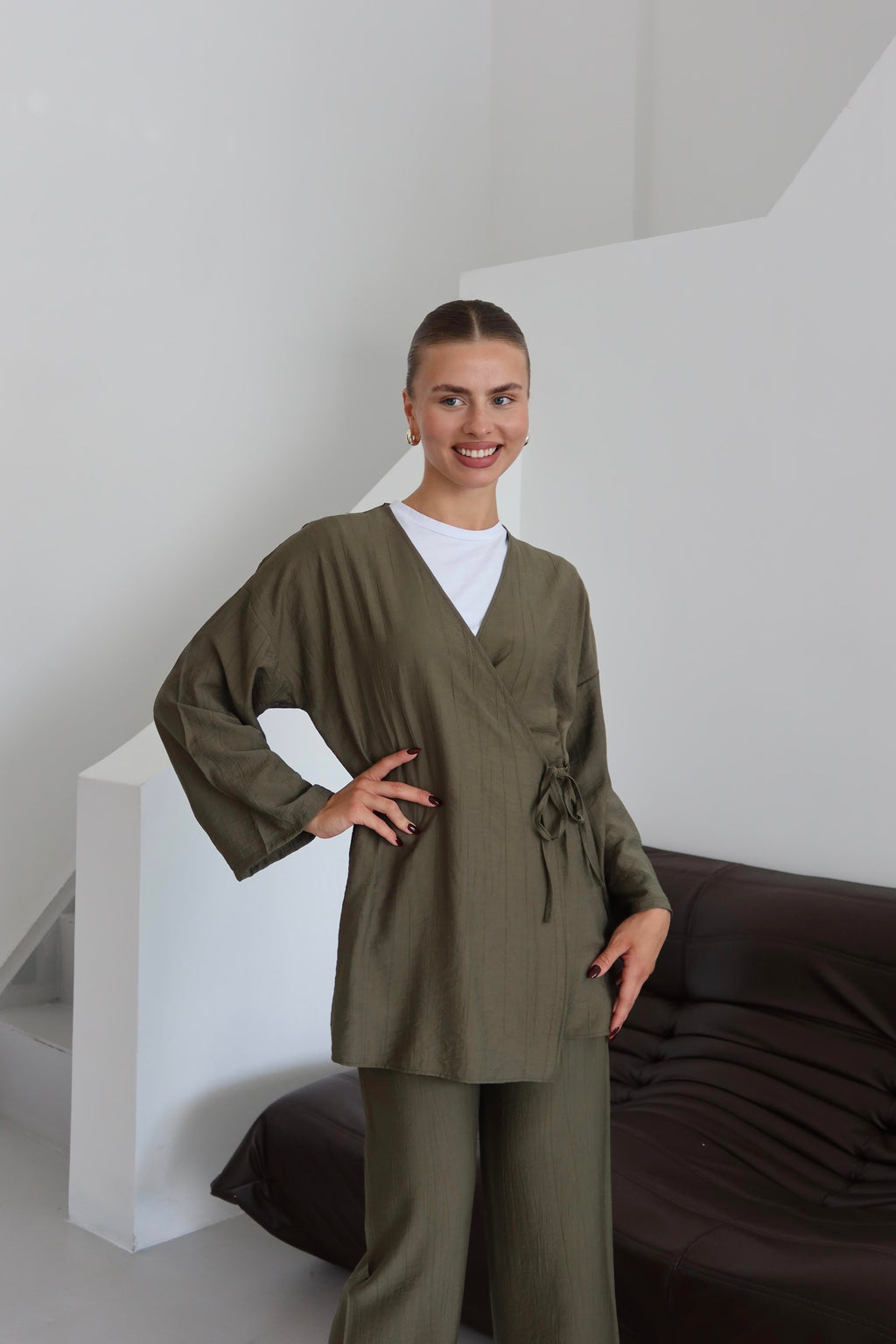 Haki Krinkıl Dokulu Kimono Takım