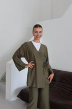 Haki Krinkıl Dokulu Kimono Takım