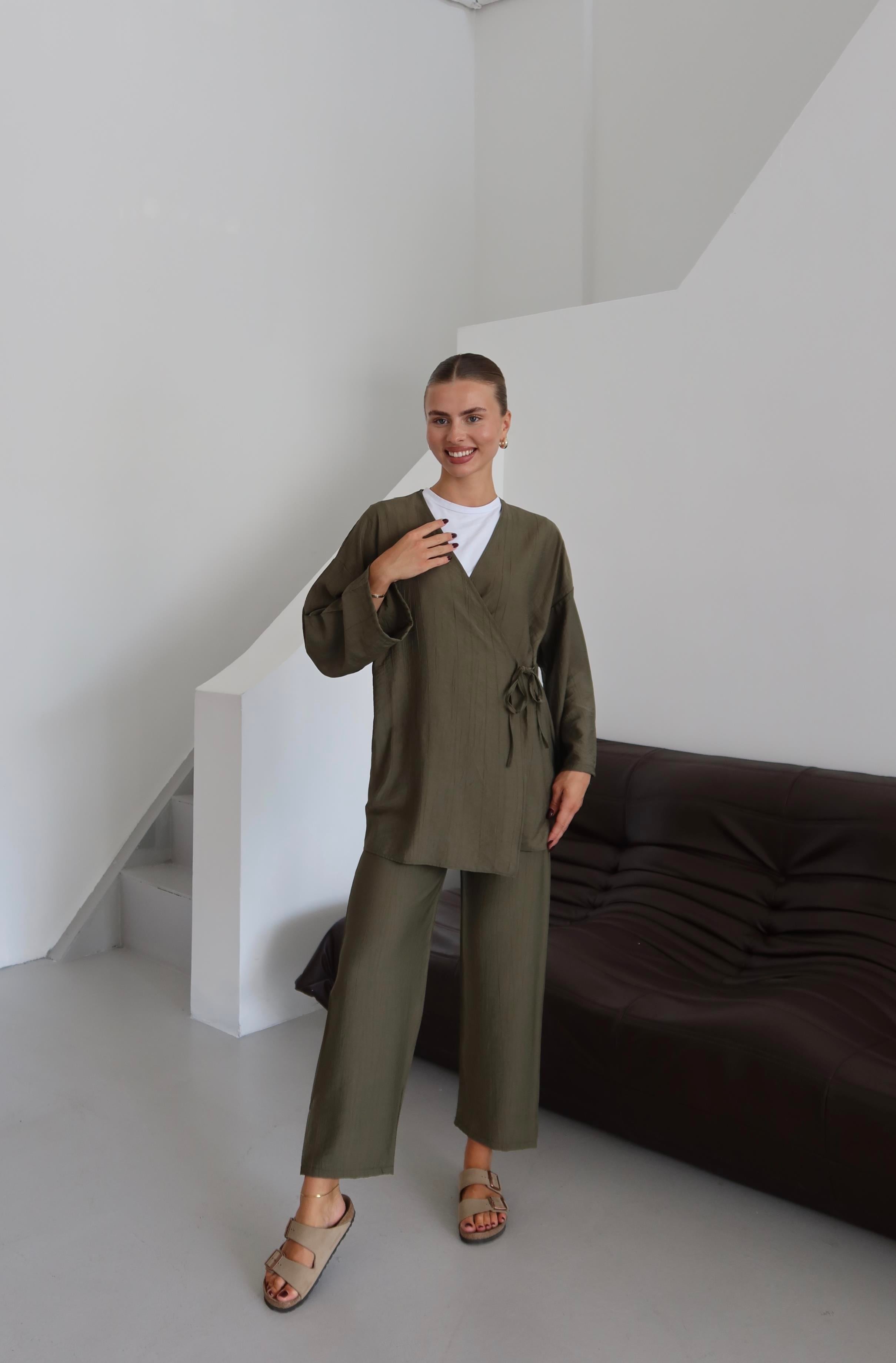 Haki Krinkıl Dokulu Kimono Takım