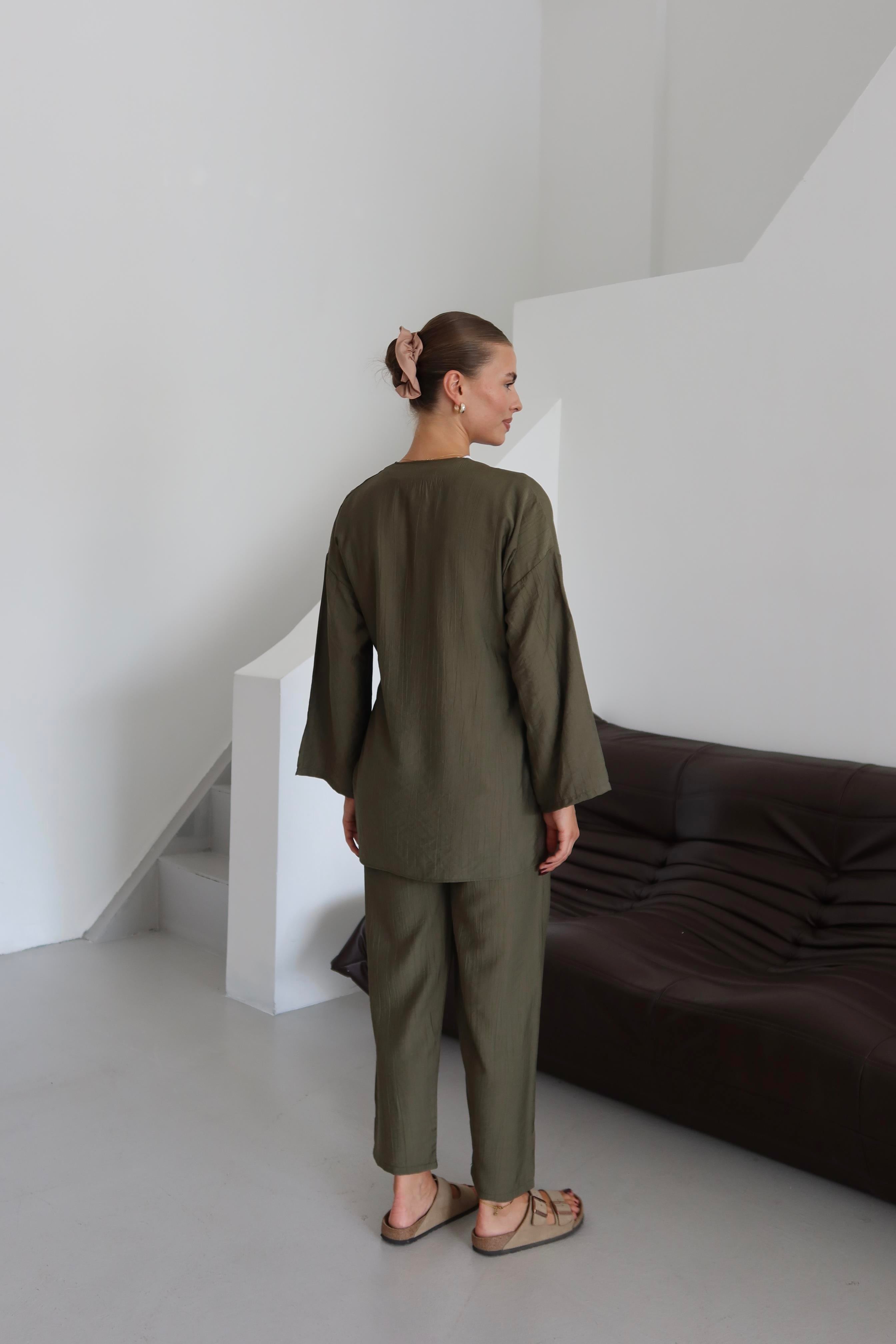 Haki Krinkıl Dokulu Kimono Takım
