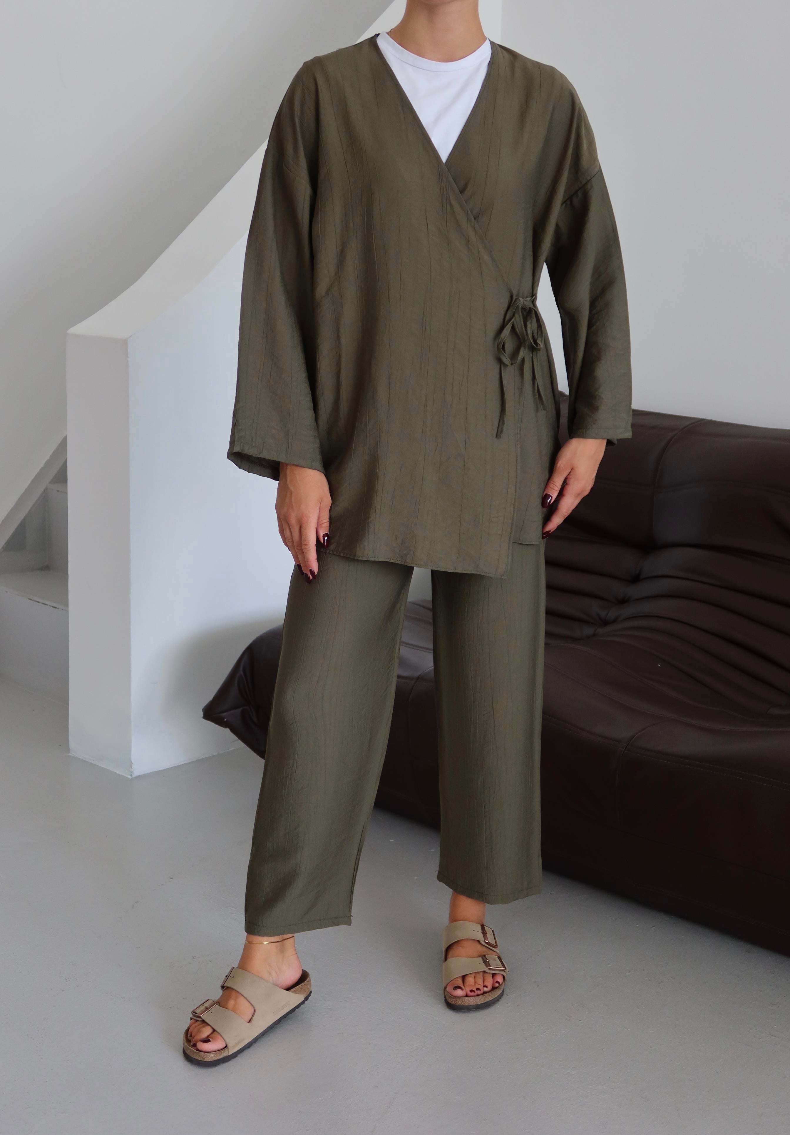 Haki Krinkıl Dokulu Kimono Takım