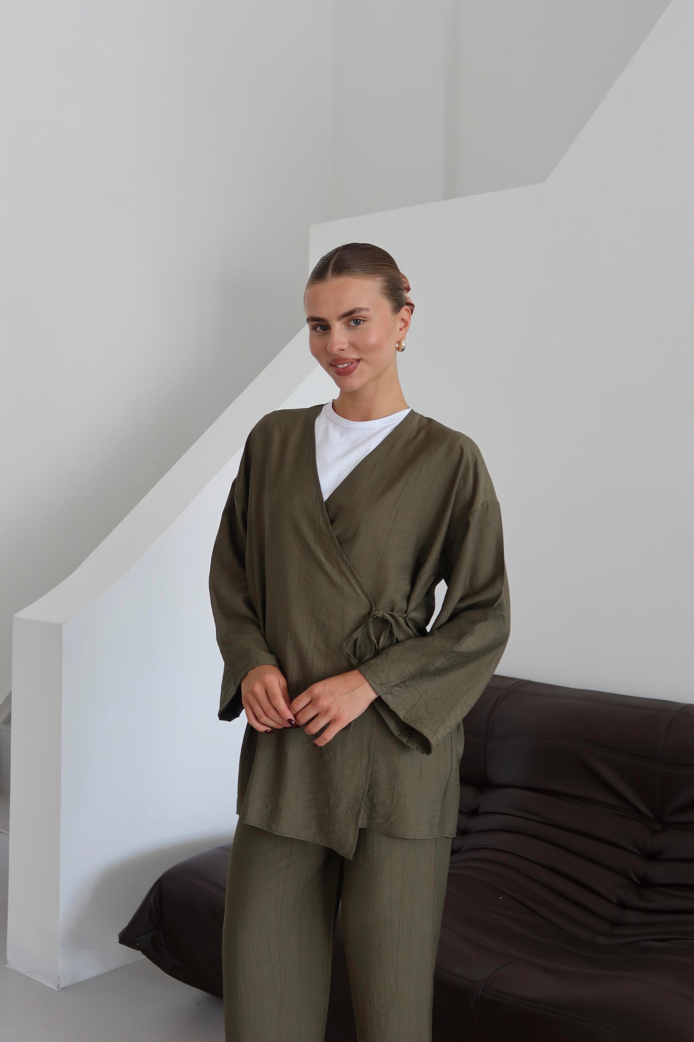 Haki Krinkıl Dokulu Kimono Takım