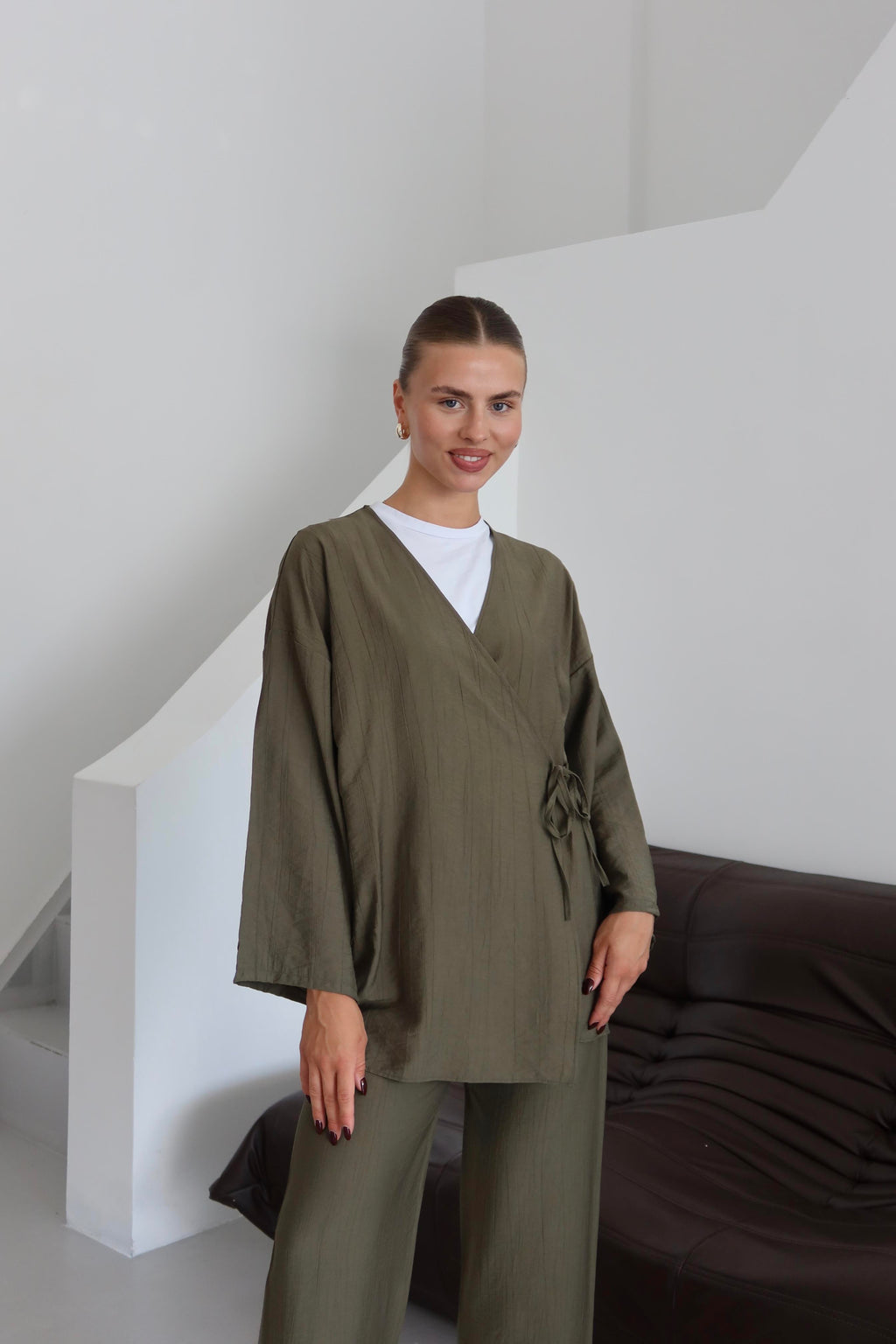 Haki Krinkıl Dokulu Kimono Takım
