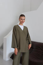 Haki Krinkıl Dokulu Kimono Takım