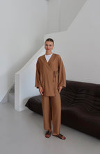 Kahverengi Krinkıl Dokulu Kimono Takım