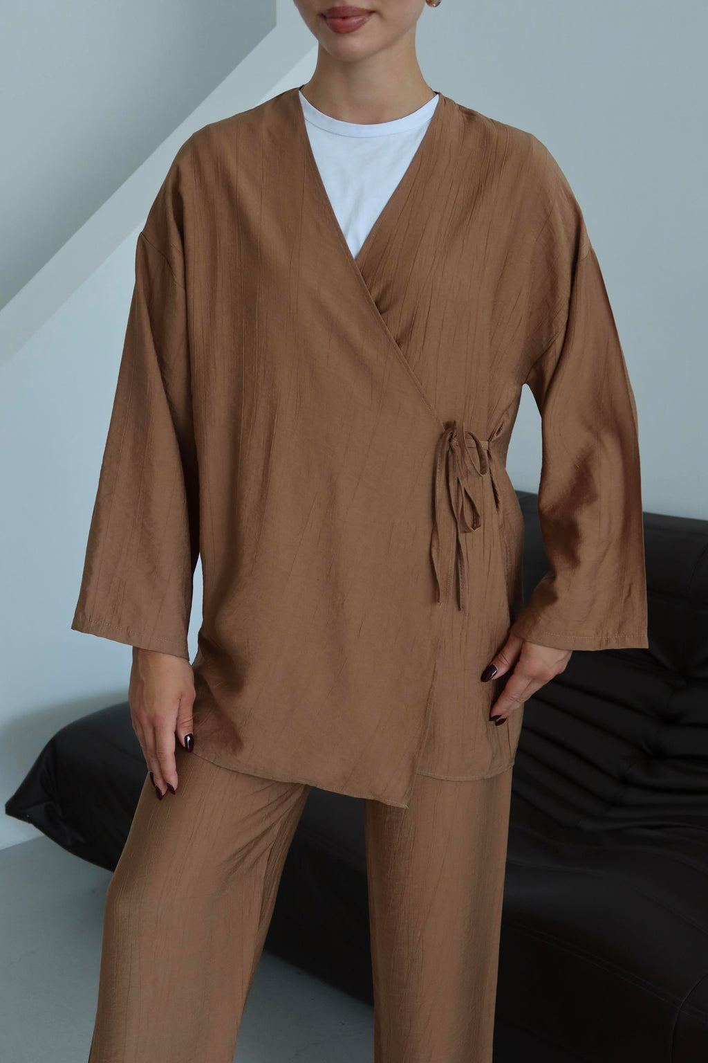 Kahverengi Krinkıl Dokulu Kimono Takım