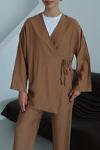 Kahverengi Krinkıl Dokulu Kimono Takım