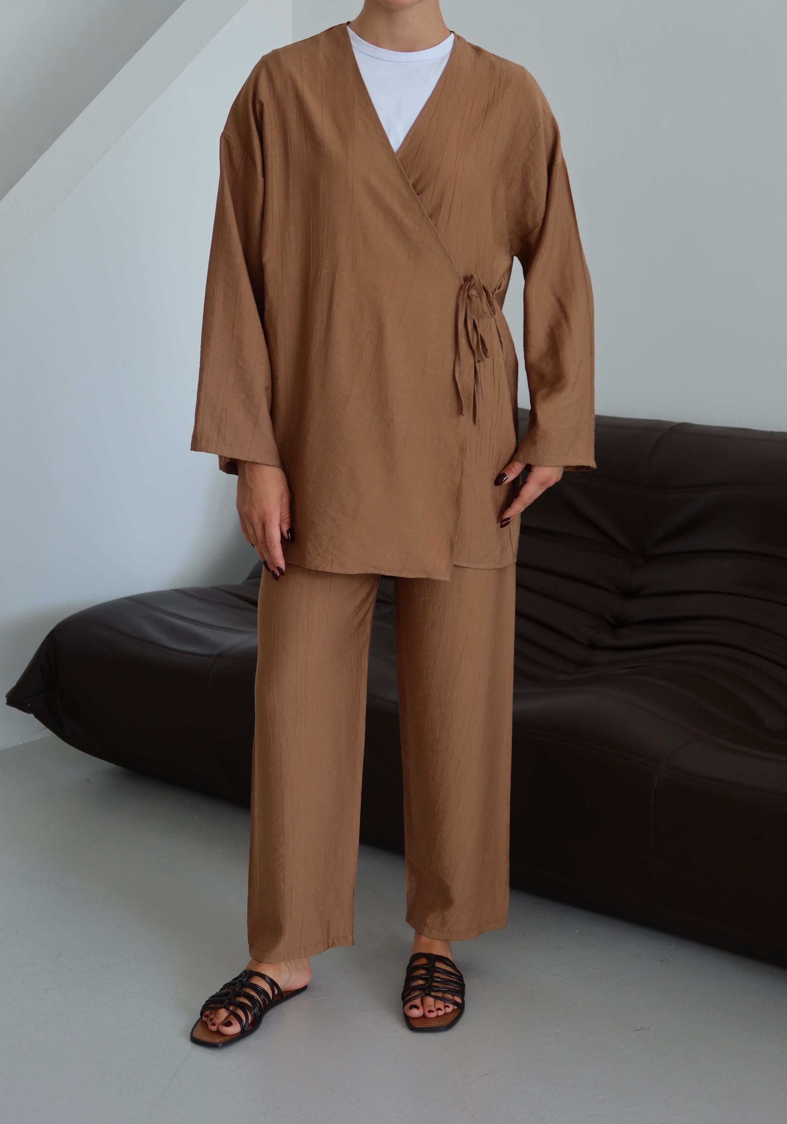 Kahverengi Krinkıl Dokulu Kimono Takım