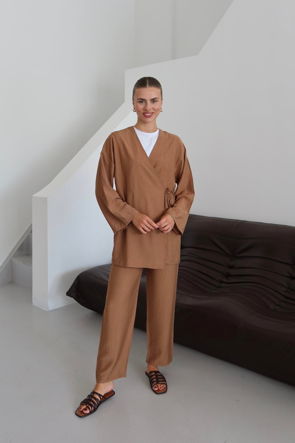 Kahverengi Krinkıl Dokulu Kimono Takım