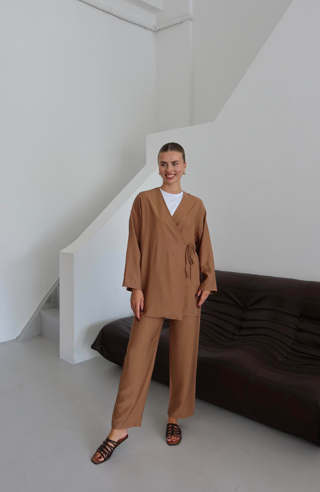 Kahverengi Krinkıl Dokulu Kimono Takım