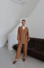Kahverengi Krinkıl Dokulu Kimono Takım