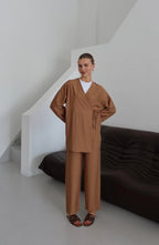 Kahverengi Krinkıl Dokulu Kimono Takım