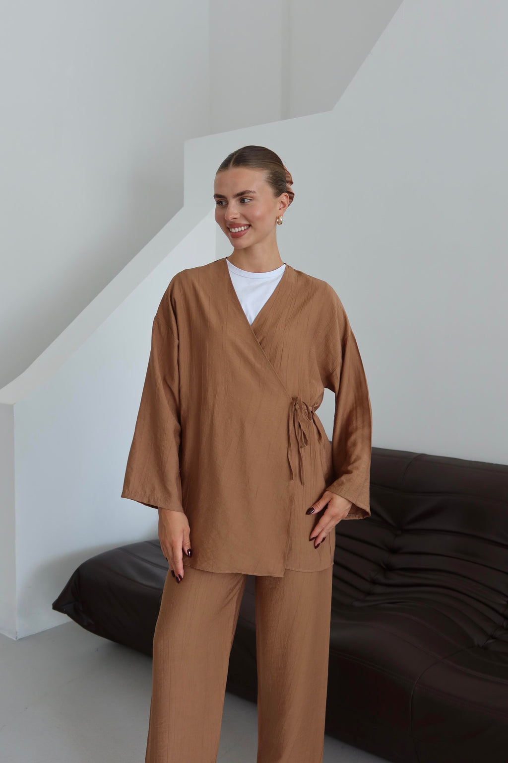 Kahverengi Krinkıl Dokulu Kimono Takım