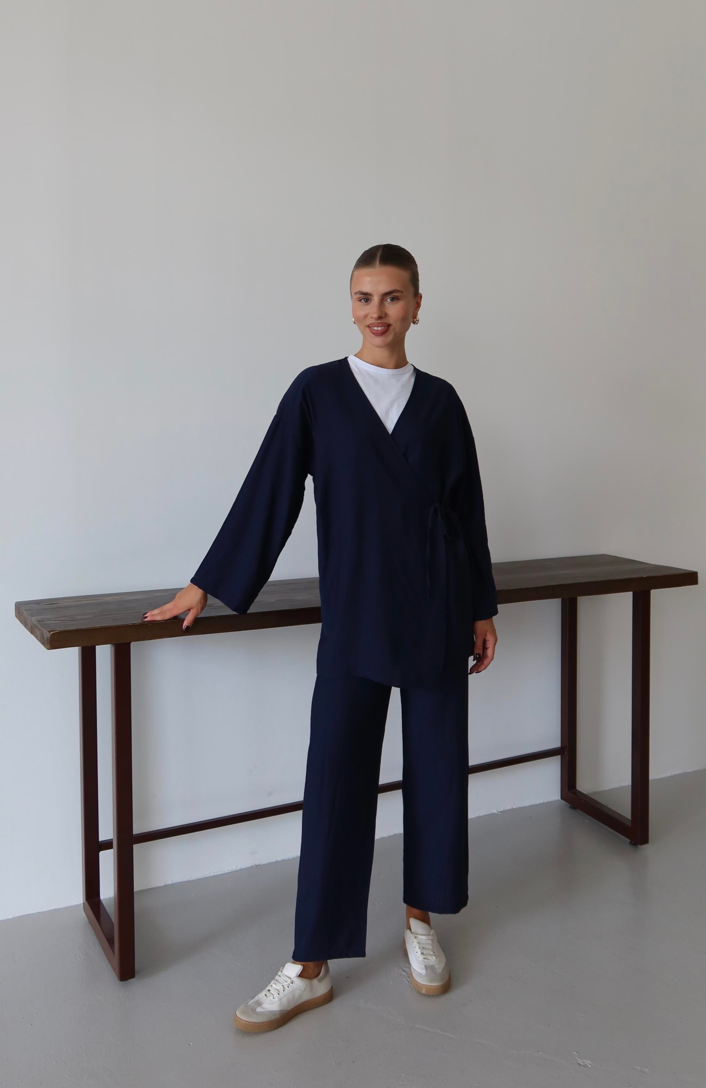 Lacivert Krinkıl Dokulu Kimono Takım
