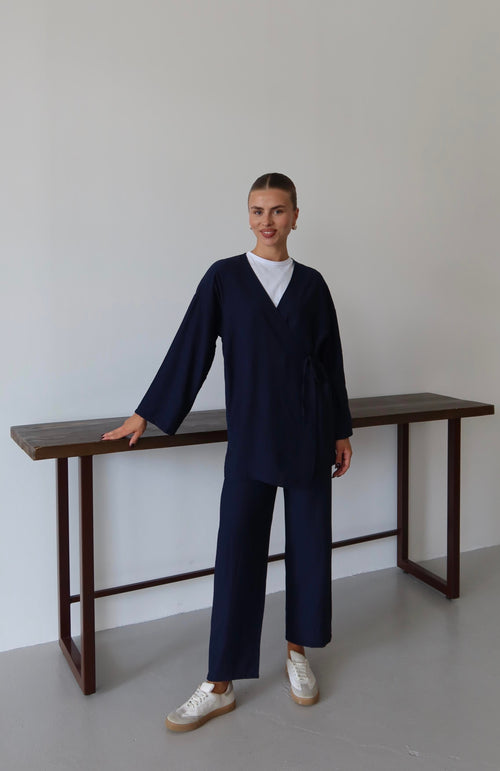 Lacivert Krinkıl Dokulu Kimono Takım