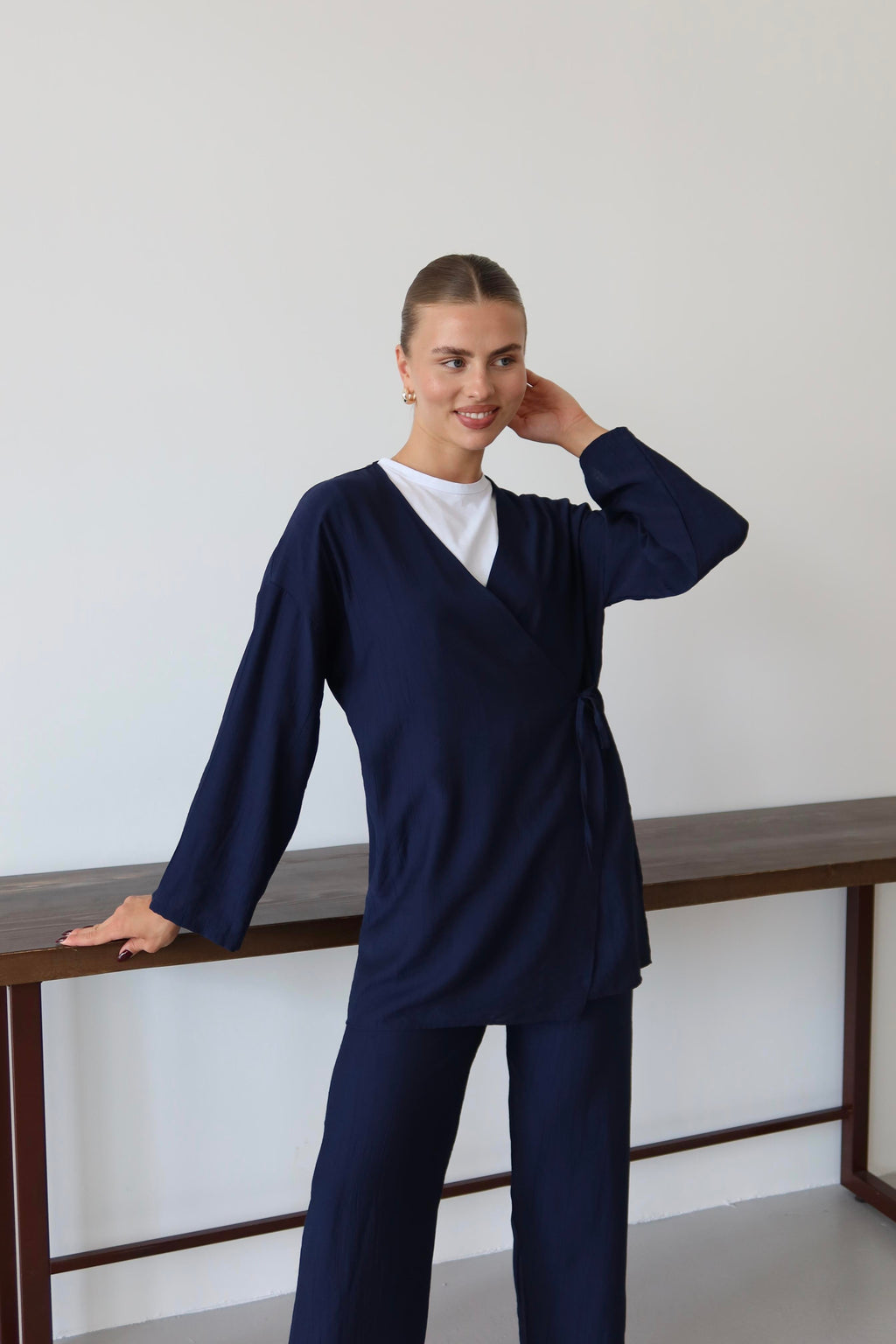 Lacivert Krinkıl Dokulu Kimono Takım