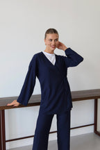 Lacivert Krinkıl Dokulu Kimono Takım