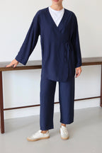 Lacivert Krinkıl Dokulu Kimono Takım