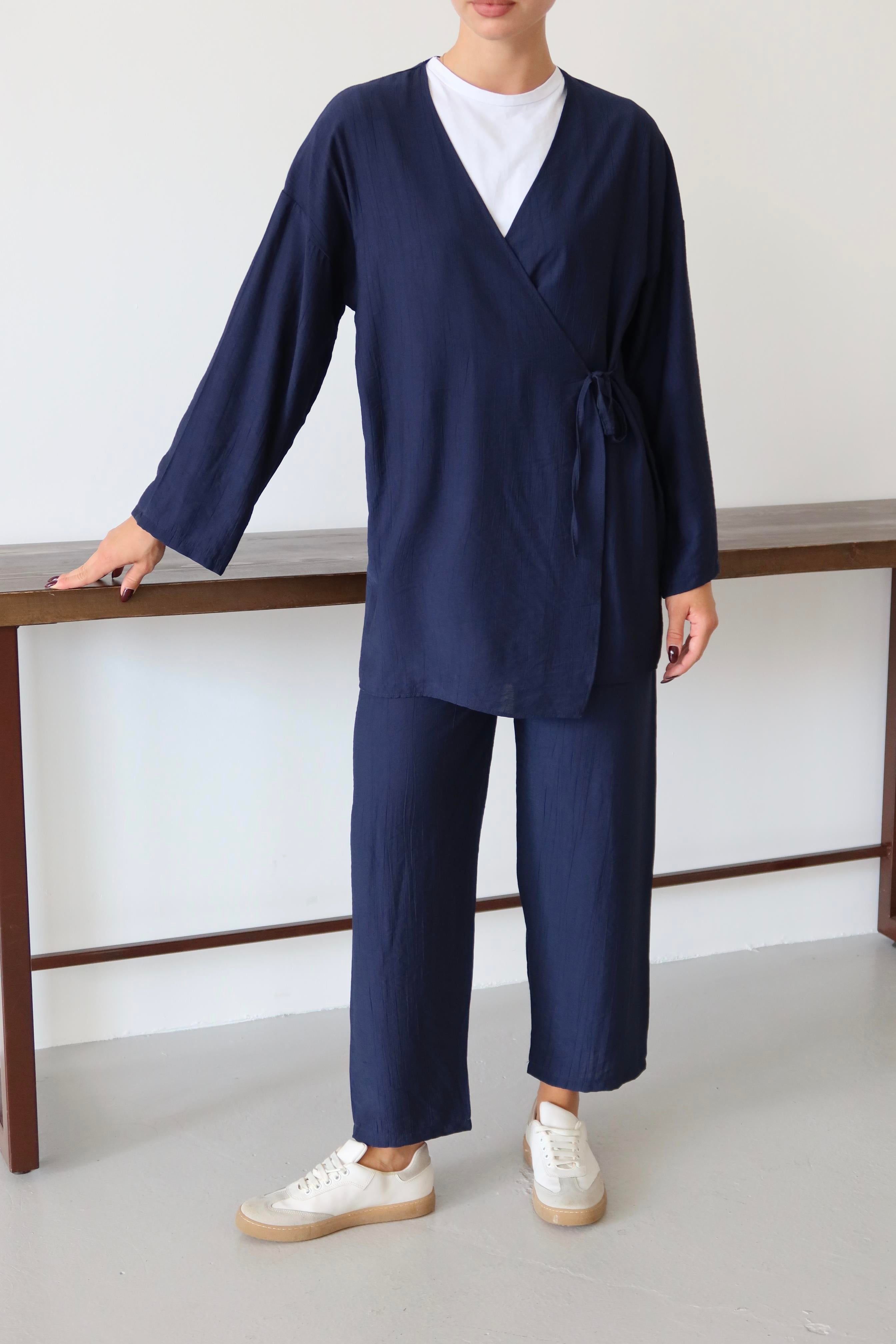 Lacivert Krinkıl Dokulu Kimono Takım