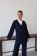 Lacivert Krinkıl Dokulu Kimono Takım