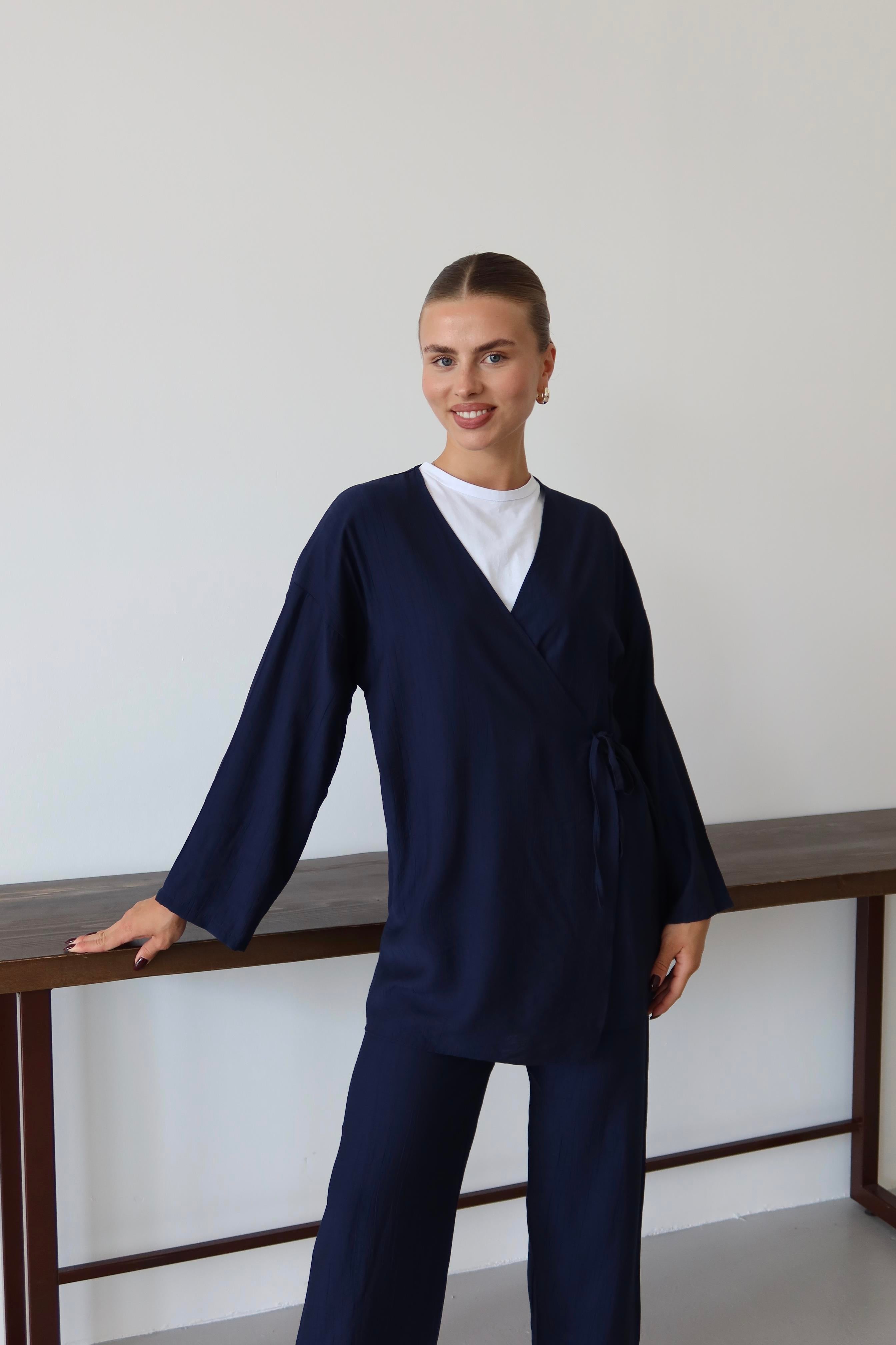 Lacivert Krinkıl Dokulu Kimono Takım
