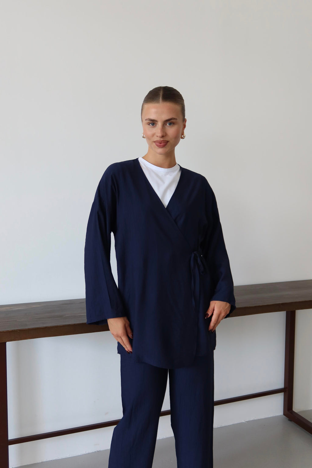 Lacivert Krinkıl Dokulu Kimono Takım