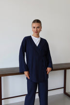 Lacivert Krinkıl Dokulu Kimono Takım