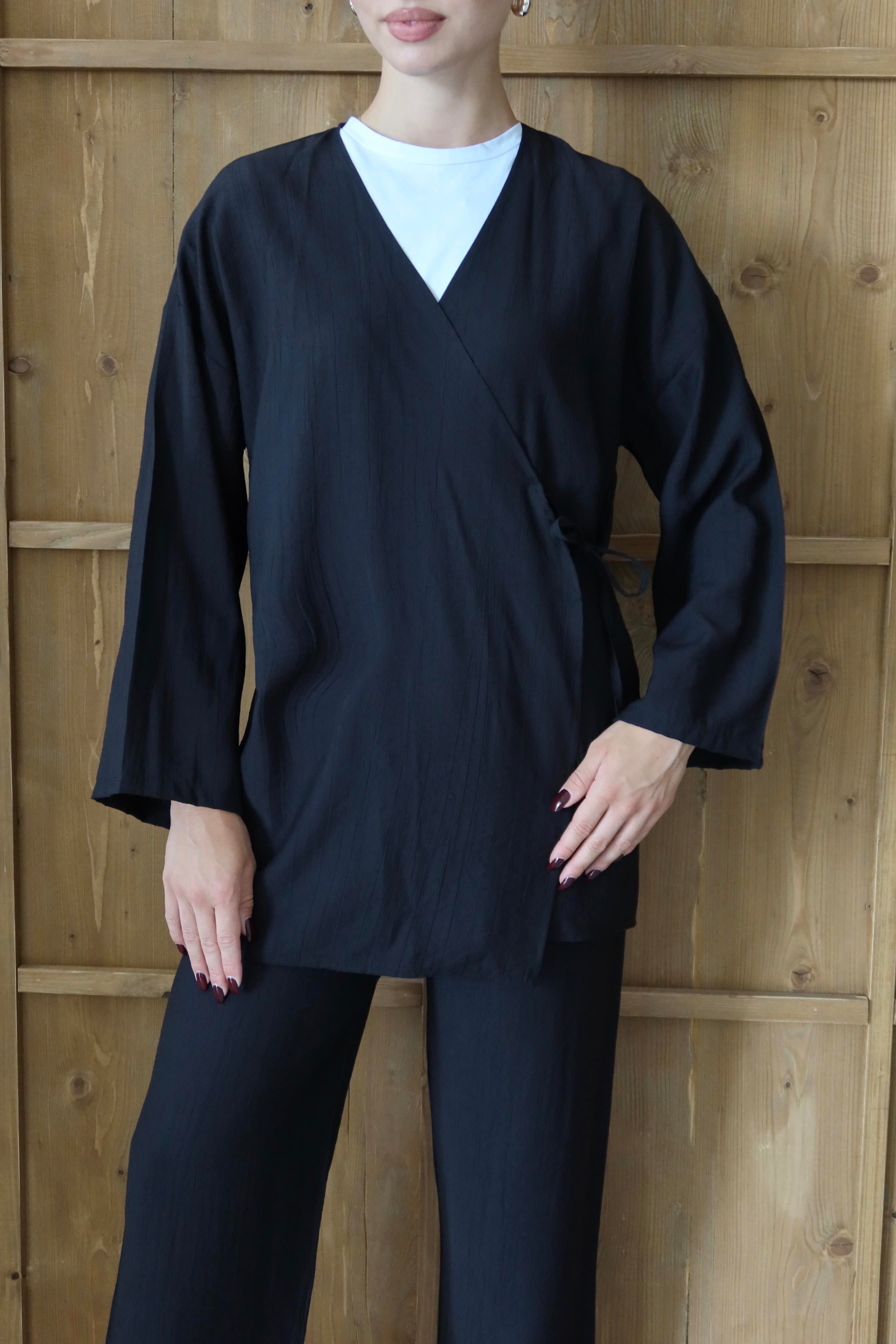 Siyah Krinkıl Dokulu Kimono Takım