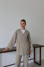 Bej Ketenli Dökümlü Kimono - Bej