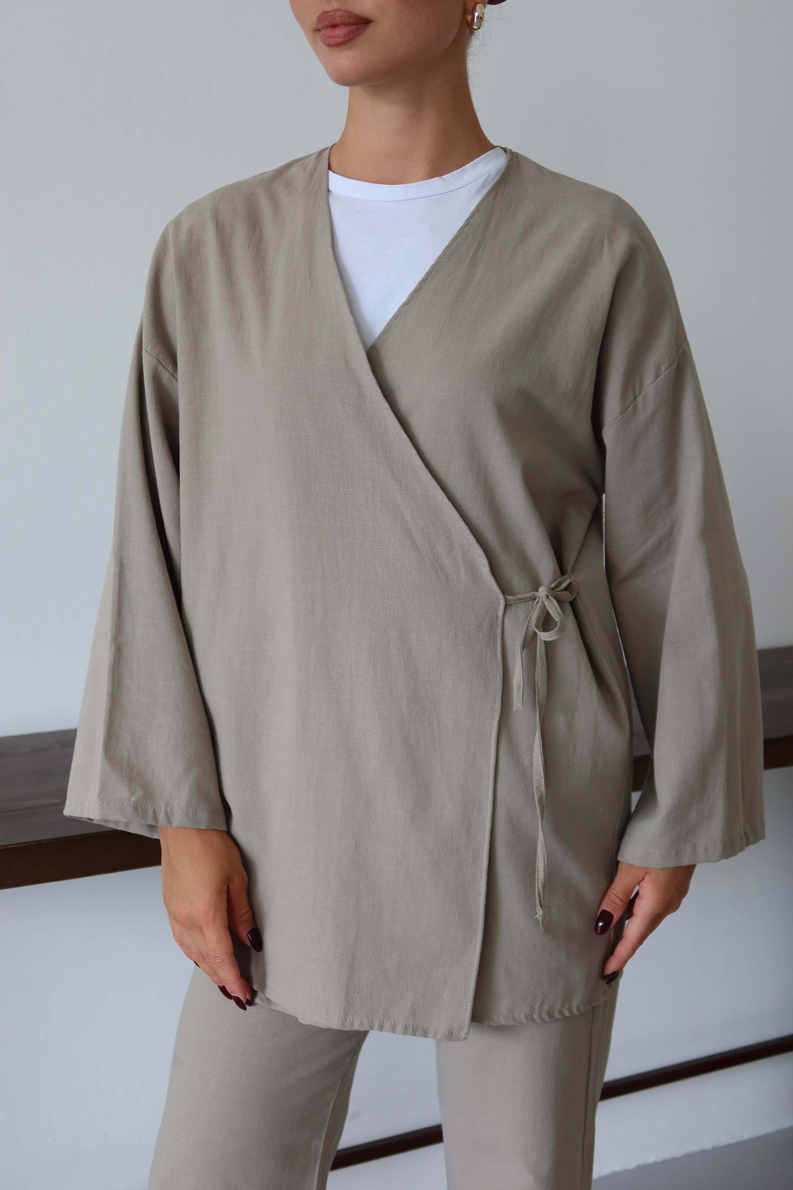 Bej Ketenli Dökümlü Kimono - Bej