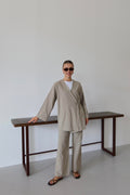 Bej Ketenli Dökümlü Kimono - Bej
