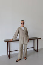 Bej Ketenli Dökümlü Kimono - Bej