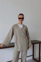 Bej Ketenli Dökümlü Kimono - Bej