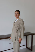 Bej Ketenli Dökümlü Kimono - Bej