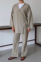 Bej Ketenli Dökümlü Kimono - Bej