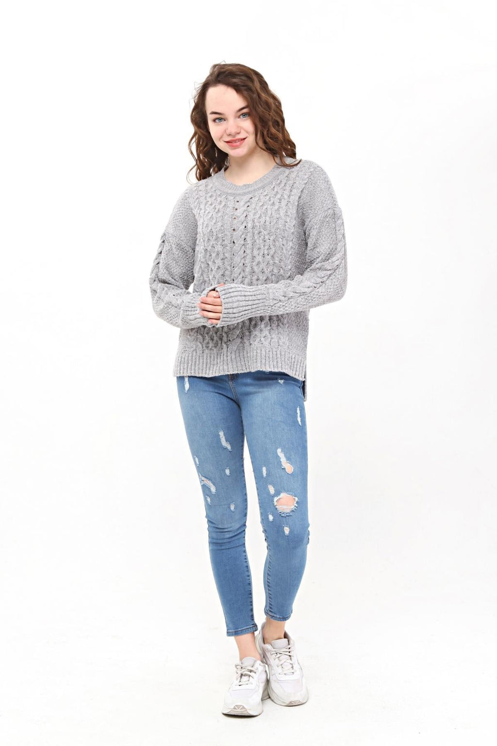 Velour Buklet Triko Örme Kazak - Gri