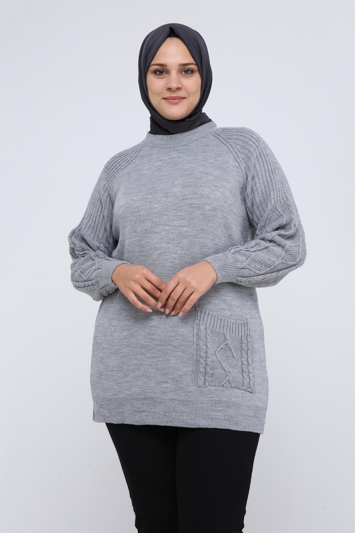 Lyra Kolu Saç Örgülü Cepli Triko Tunik - Gri