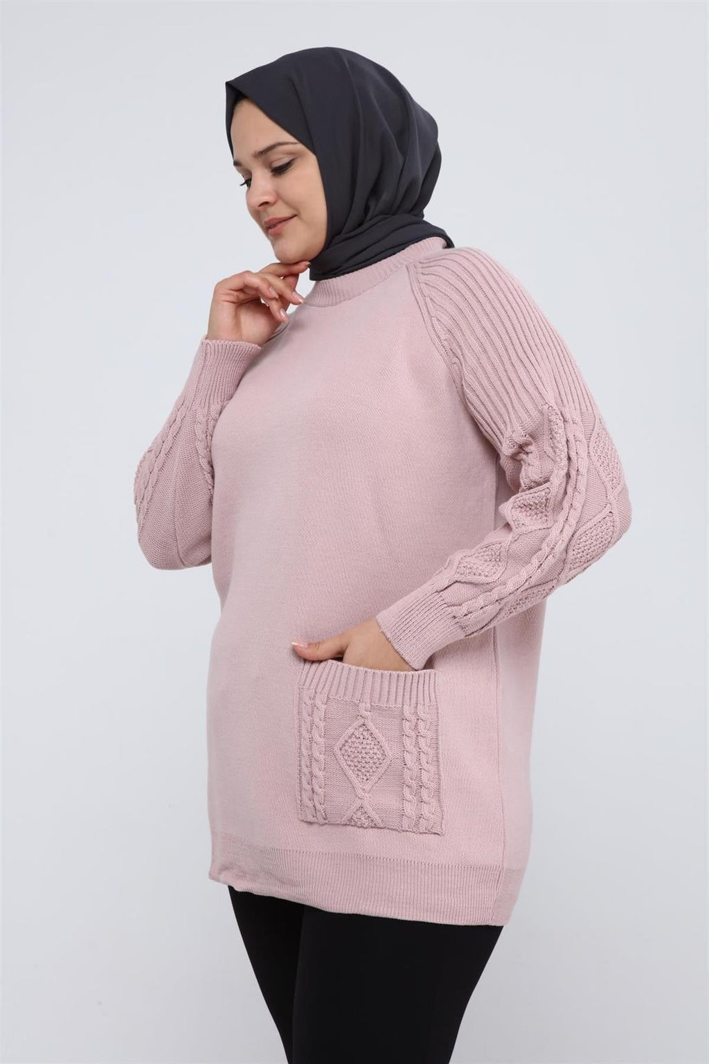 Lyra Kolu Saç Örgülü Cepli Triko Tunik - Pudra