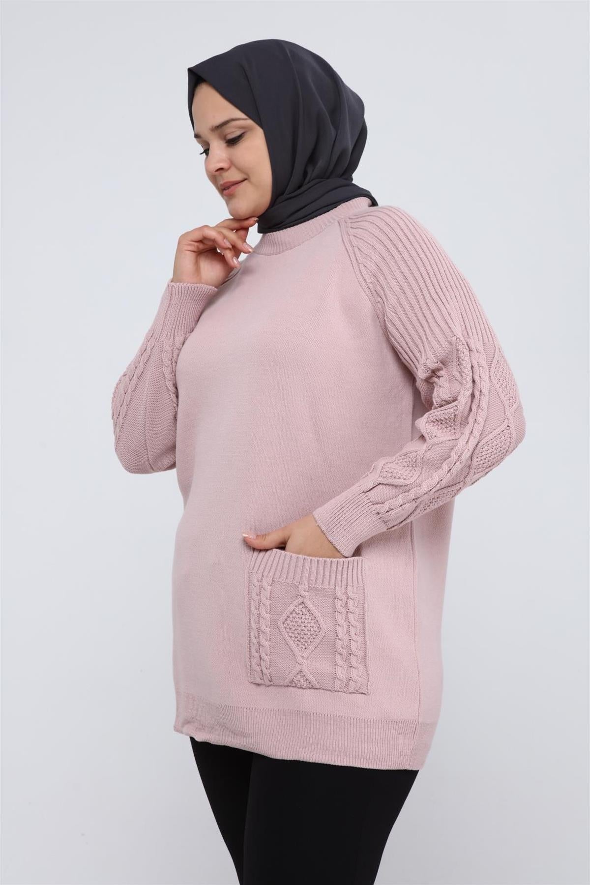 Lyra Kolu Saç Örgülü Cepli Triko Tunik - Pudra