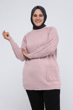 Lyra Kolu Saç Örgülü Cepli Triko Tunik - Pudra