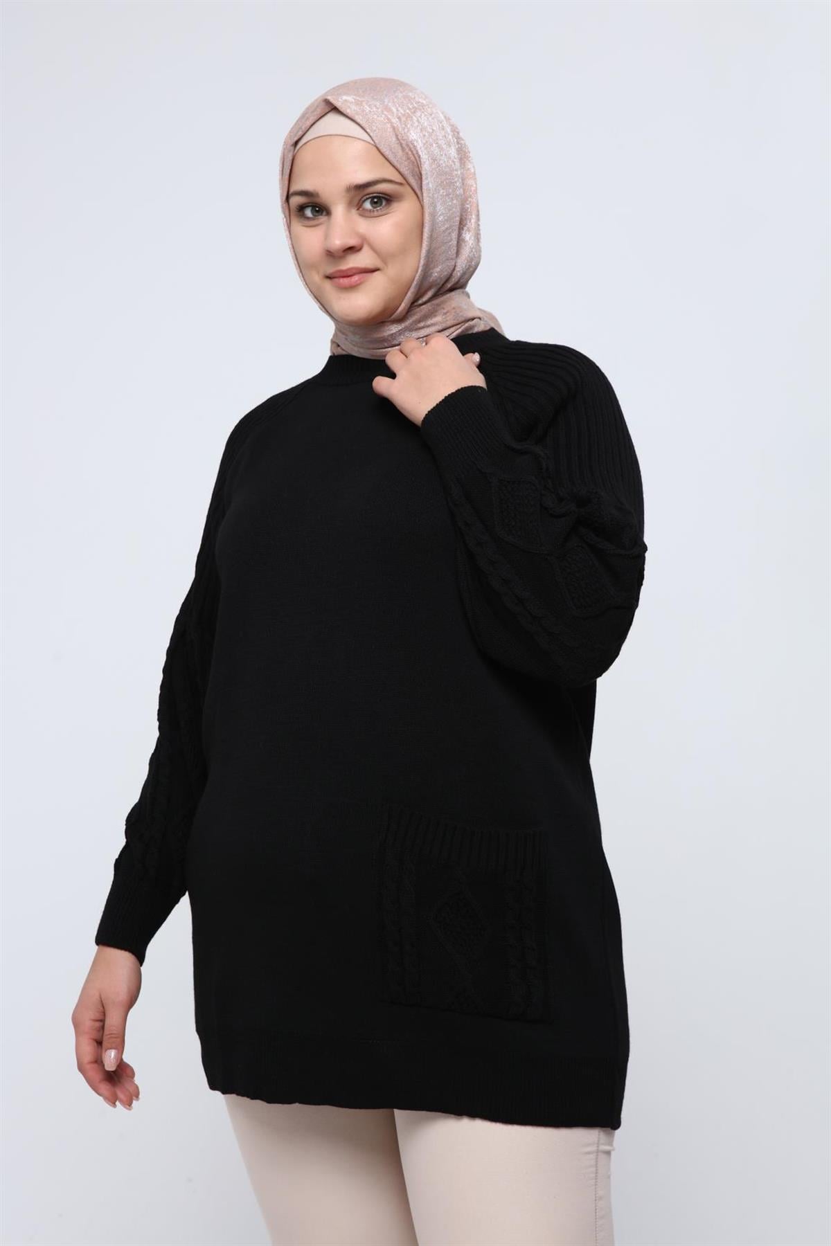 Lyra Kolu Saç Örgülü Cepli Triko Tunik - Siyah